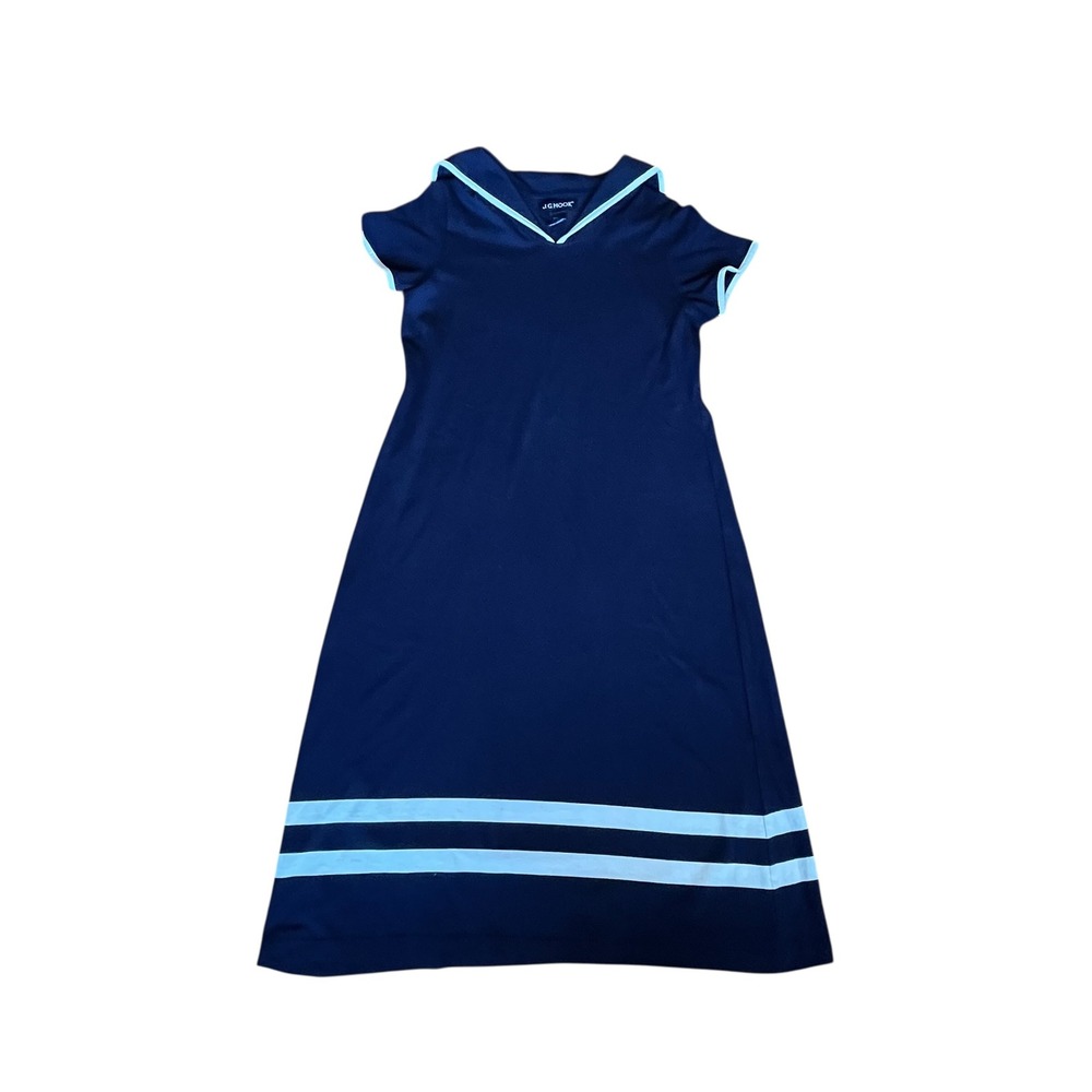 Vintage J.G Hook Navy Blue Nautical Sailor Collar Maxi Dress Petite Large Cotton